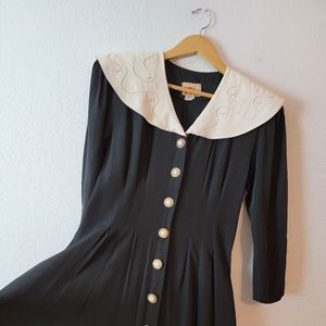 Vintage Black 70s 60s Pleated Collar School Girl Long Sleeve Gothic Maxi Dress